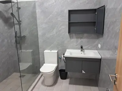 a bathroom with a toilet and a sink and a shower at Apartment T3 located Rua 4 de Julho Sal Rei blv in Sal Rei