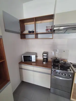 a small kitchen with a stove and a microwave at Apartamento Estoril in Sal Rei