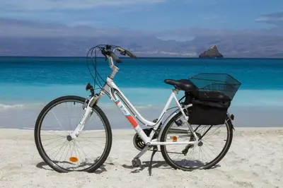a bike parked on the beach near the ocean at Arla Residential in Mindelo