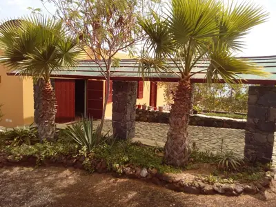 two palm trees in front of a house at Coin de Paradis,Pavillon Doucimar in Porto Novo