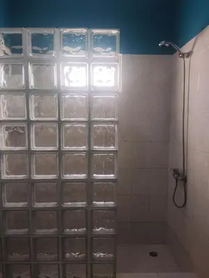 a shower with clear glass blocks in a bathroom at Ca' Francisca in Santa Maria