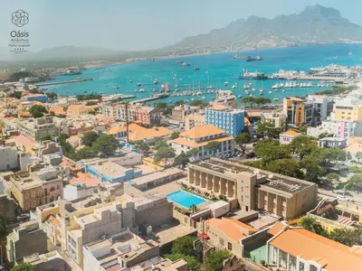an aerial view of a city with a harbor at Private Apartament Celestina & Carlos in Mindelo