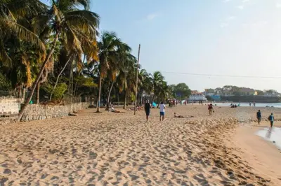 a group of people walking on a beach with palm trees at Casa Mendes in Tarrafal