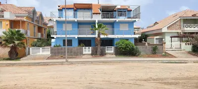 a blue house with a palm tree in front of it at Sal Service beachside angulo in Santa Maria