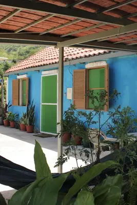 a blue house with green windows and plants at Casa Pé di Polon holiday home in Picos