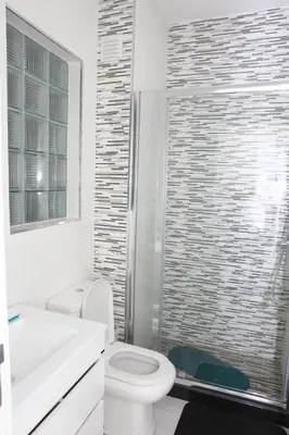 a white bathroom with a toilet and a shower at Sonho Appartement in Praia