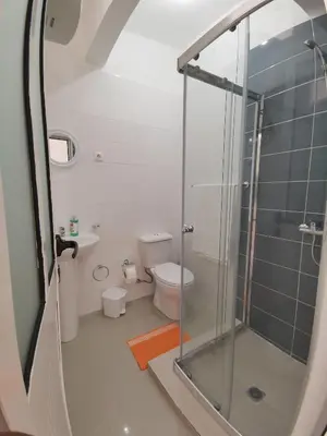 a bathroom with a shower and a toilet at Plateau Bedroom & Chambre - Praia Center 1 in Praia