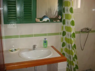 a bathroom with a sink and a green shower curtain at Akwaba chambre double et salle de bain privative in Morro