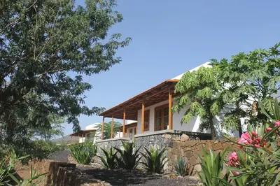 a house on a hill with trees and flowers at La Fora Ecolodge in São Filipe