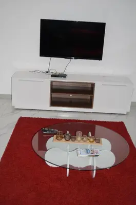 a living room with a tv and a red rug at AG TOUR LDA - Apartamentos Turísticos in Praia