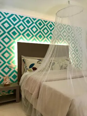 a bedroom with a bed with a mosquito net at App Rosanna, Estoril Beach, 2steps from the sea, Free Wi-Fi & AC in Sal Rei