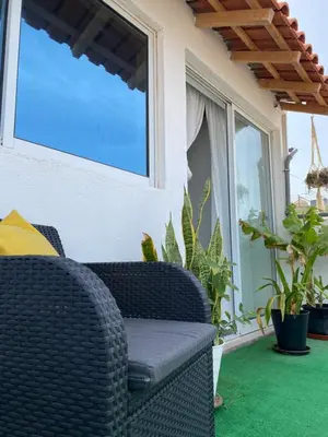 a wicker chair on a patio with plants at Christian Place in Praia
