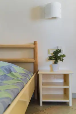 a bedroom with a bed and a table with a potted plant at Lovely beach front apartment in Santa Maria in Santa Maria