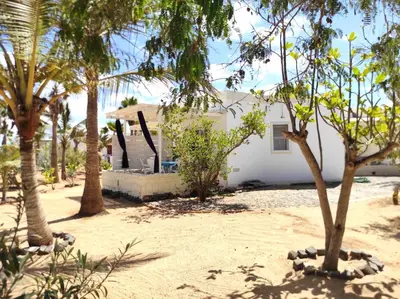 a white house with palm trees in front of it at Beach house Agua Viva, Praia de Chaves, Boa Vista, Sal Rei, Cape Vert, 50mt spiaggia in Cabeçadas