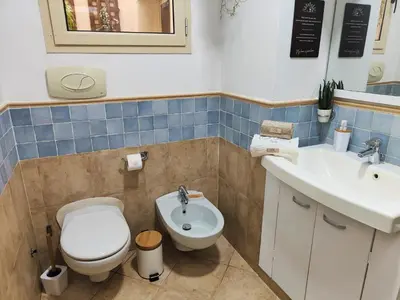 a bathroom with a toilet and a sink at Cacau's Home - By Albis Harena in Santa Maria
