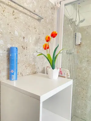 a white cabinet with a vase with orange flowers on it at Best Rooms- Quarto 2 Plateau in Praia