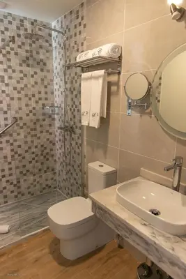 a bathroom with a toilet and a sink and a shower at Santa Cruz Boutique Hotel in Mindelo