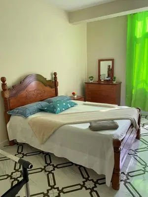 a bedroom with a large bed with a green curtain at Aluguer apartamento in Santa Maria