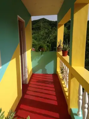 a room with a red carpet and a red and yellow staircase at Kasa di Terra in Sacramento
