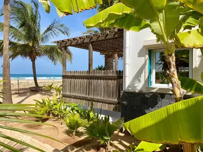 a house on the beach with palm trees and the ocean at Vila Mare - Praia de Chaves frontline in Cabeçadas